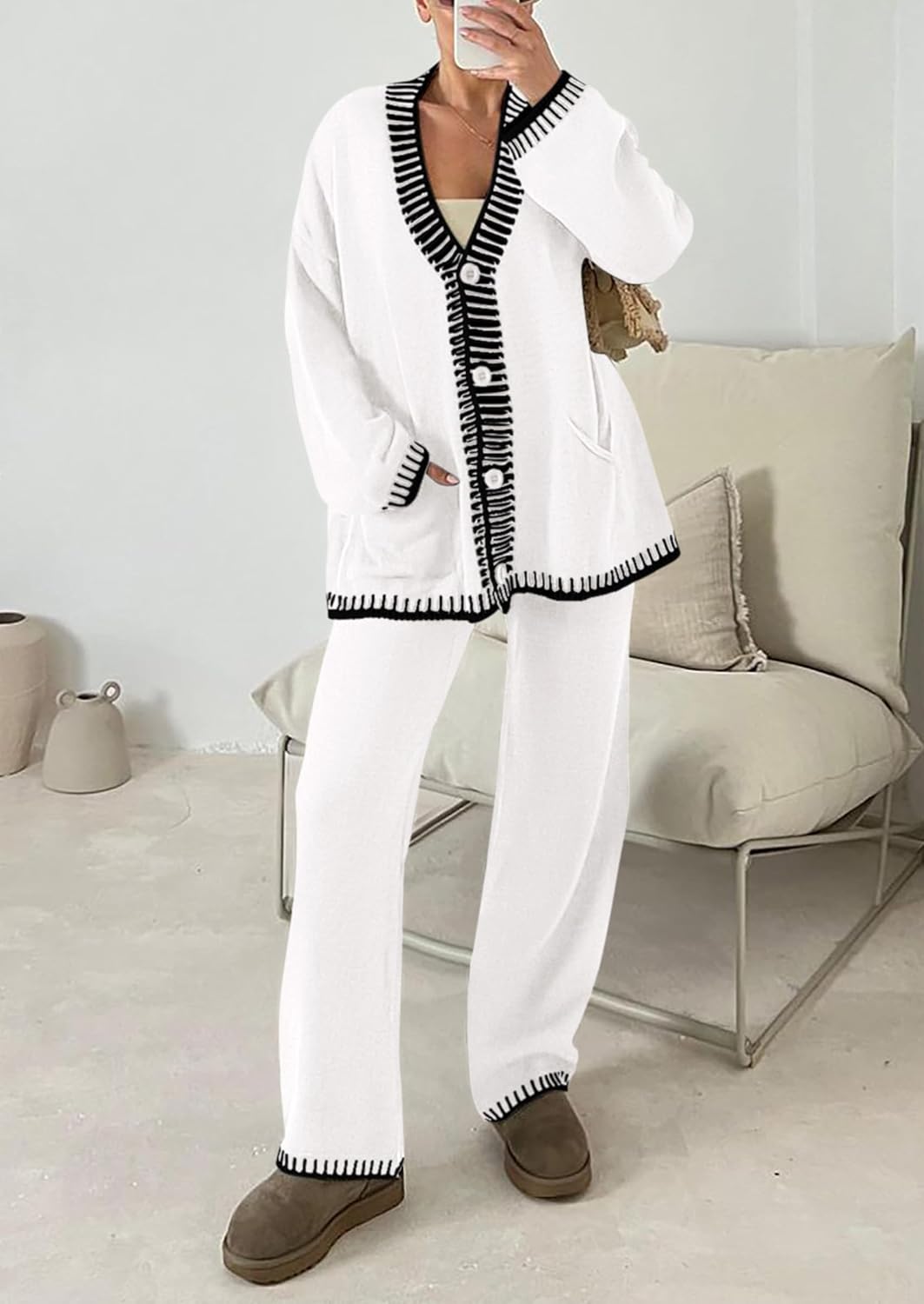 Detalle de PRETTYGARDEN Women’s Lounge Set (2-Piece) with Cardigan Sweater & Wide-Leg Pants