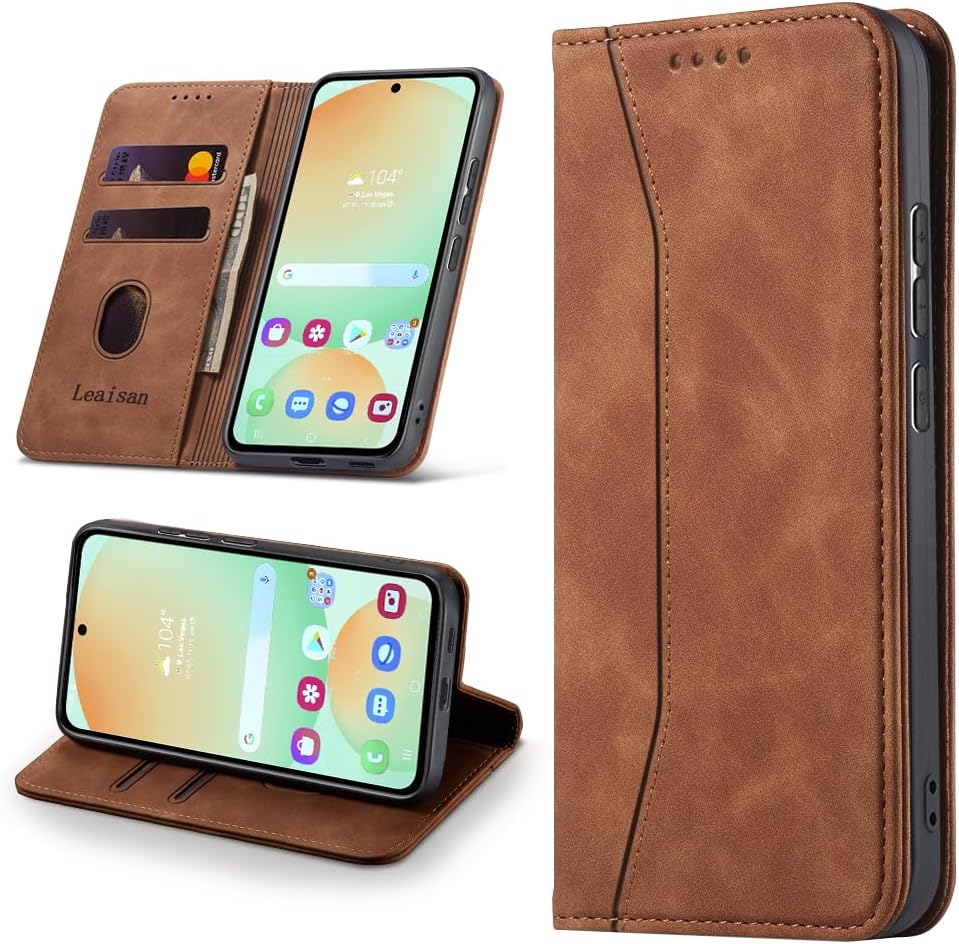 Detalle de Leaisan Leder-Flip-Hülle für Samsung Galaxy S24 FE 5G – Braun mit Kartenfächern, Standfunktion und Stossfestem Schutz