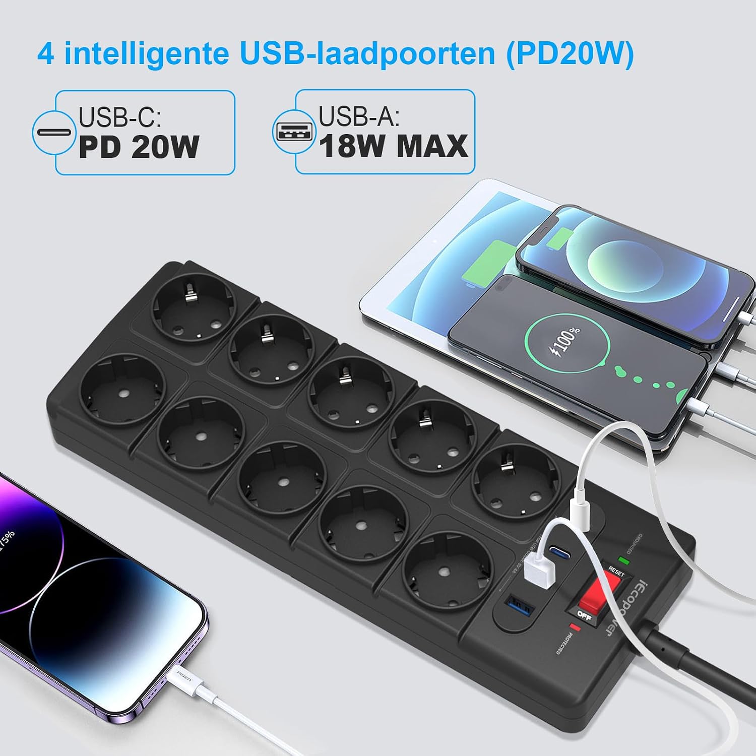 Detalle de IECOPOWER PT1020-5M stekkerdoos met 10 stopcontacten, USB-C PD 20 W en 5 m kabel