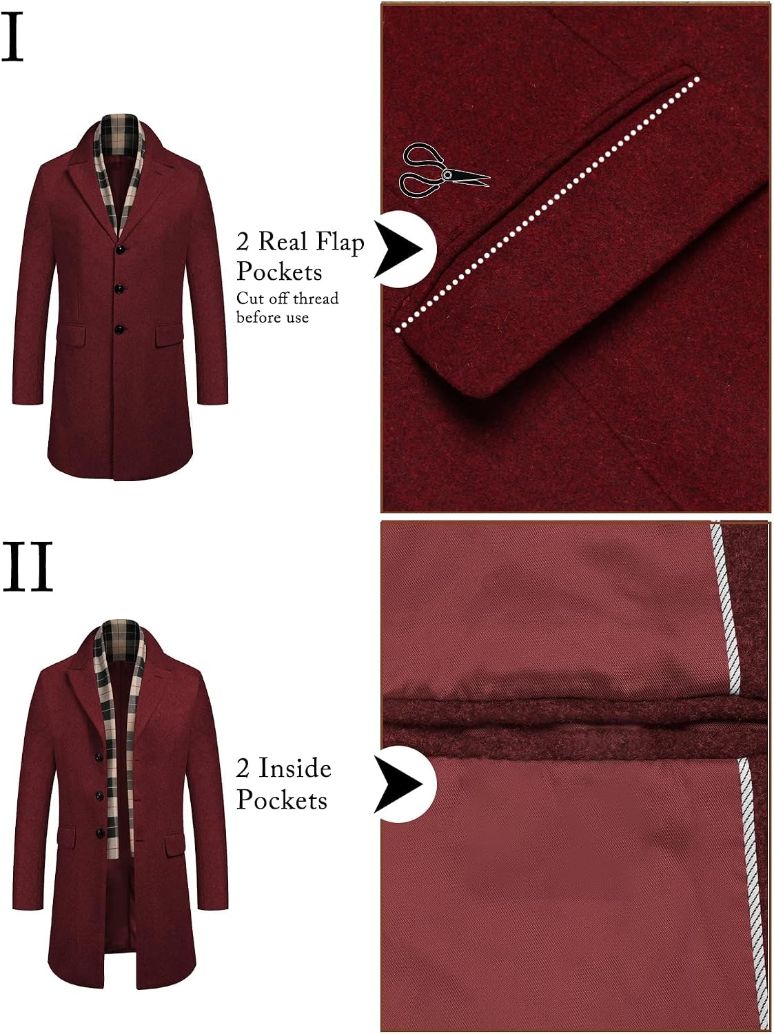 Detalle 2 de COOFANDY Men's Coat with Detachable Plaid Scarf