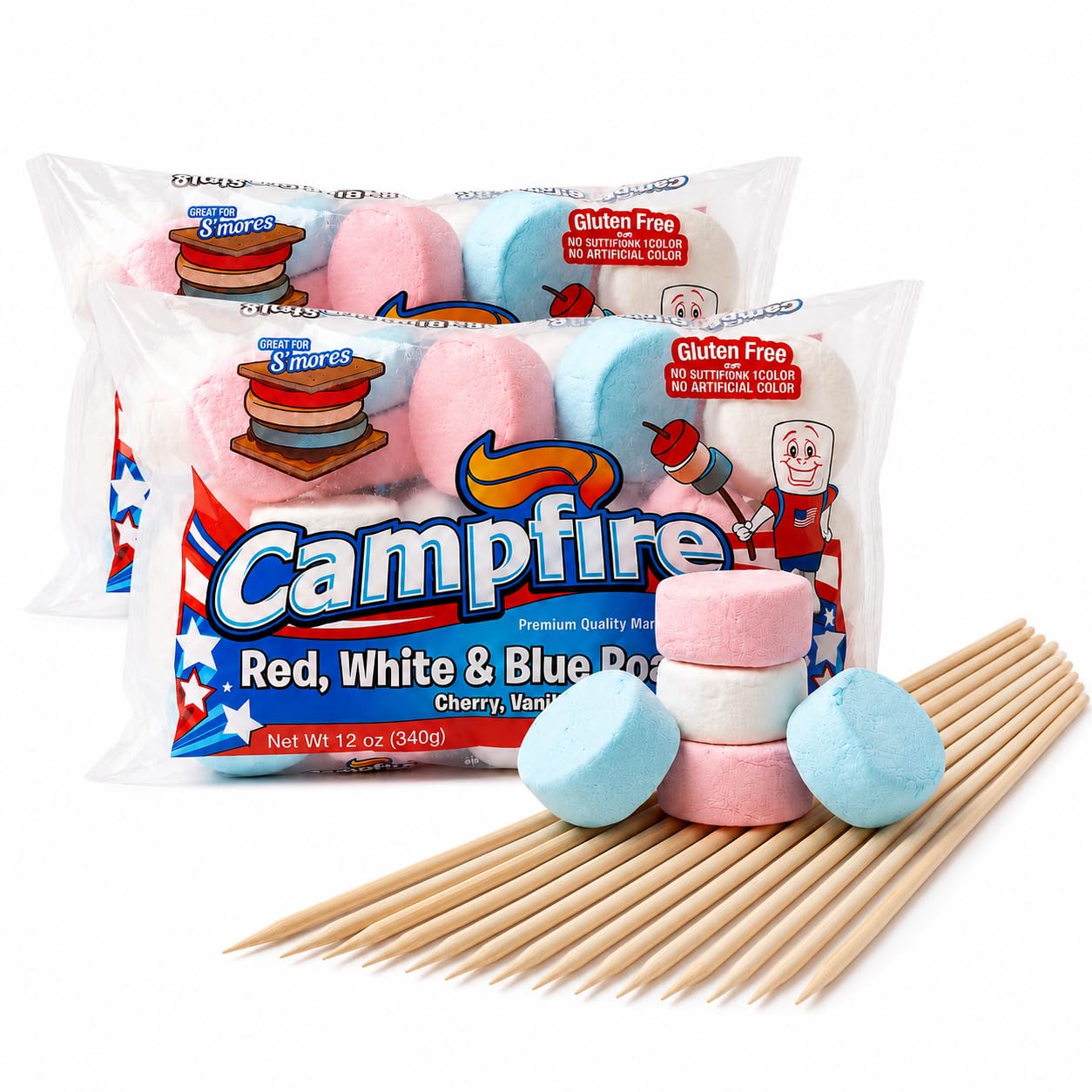 Detalle de Firestix Patriotic Jumbo Roaster Marshmallows with 30-Inch Wooden Skewers