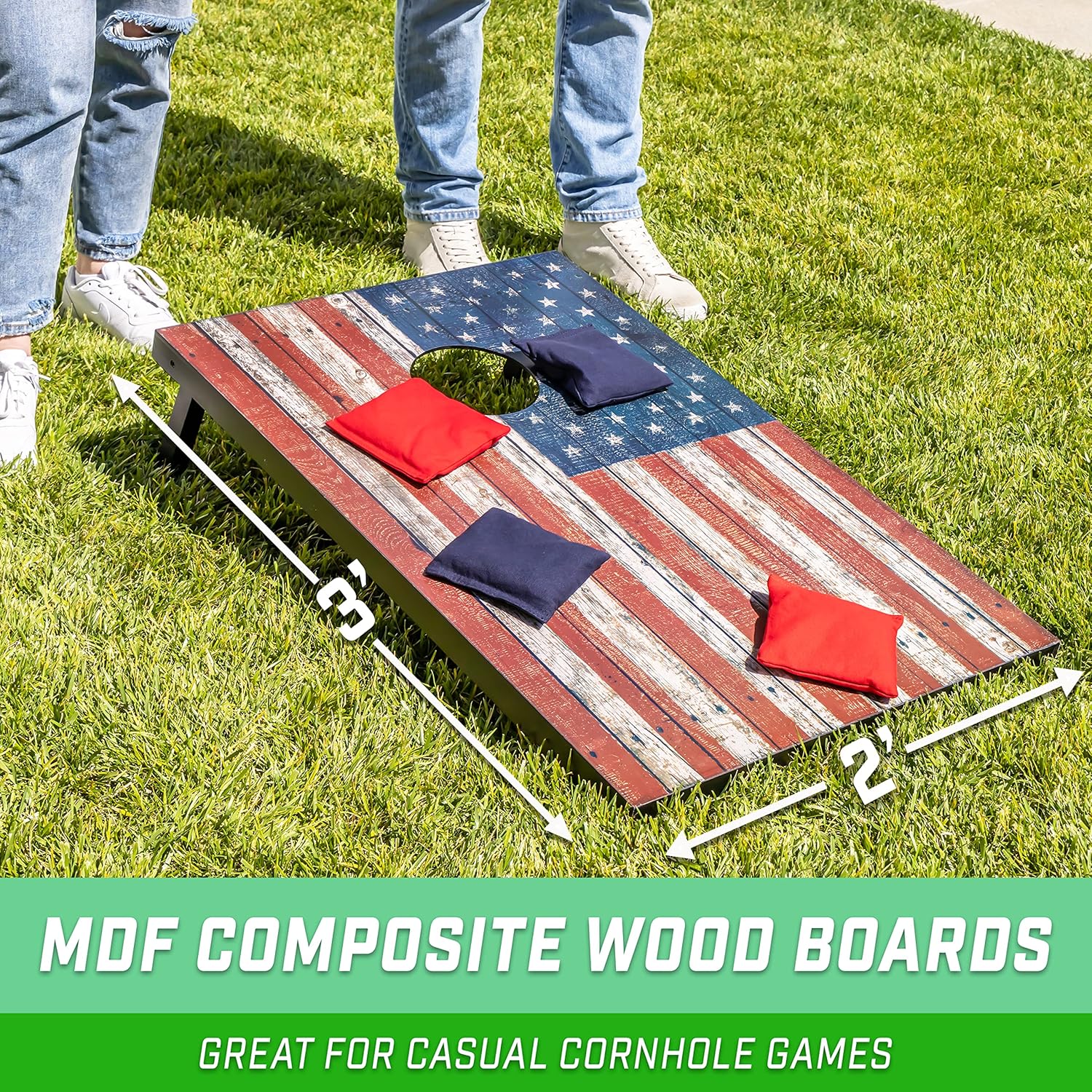 Thumbnail 1 de GoSports Classic Cornhole Set – 2 planches MDF, 8 sacs et étui de transport (style drapeau américain)
