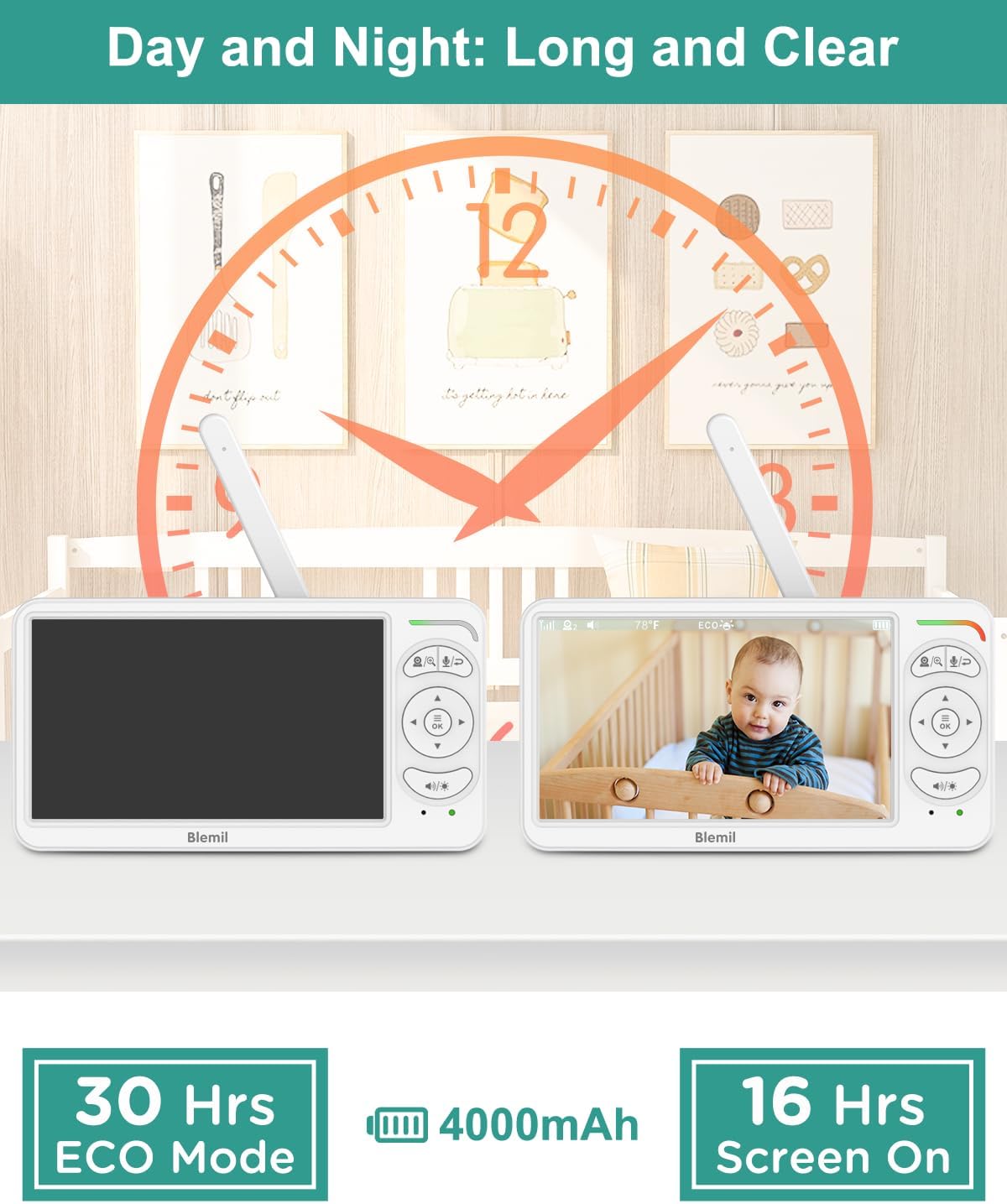 Detalle 1 de Blemil BL9064-2 Video Baby Monitor, 6-Inch Split Screen, 2 Cameras, No Wi-Fi