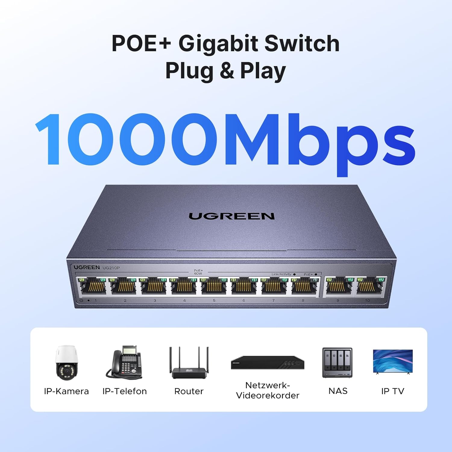 Thumbnail 2 de UGREEN 10 Port Gigabit PoE LAN Switch 60W