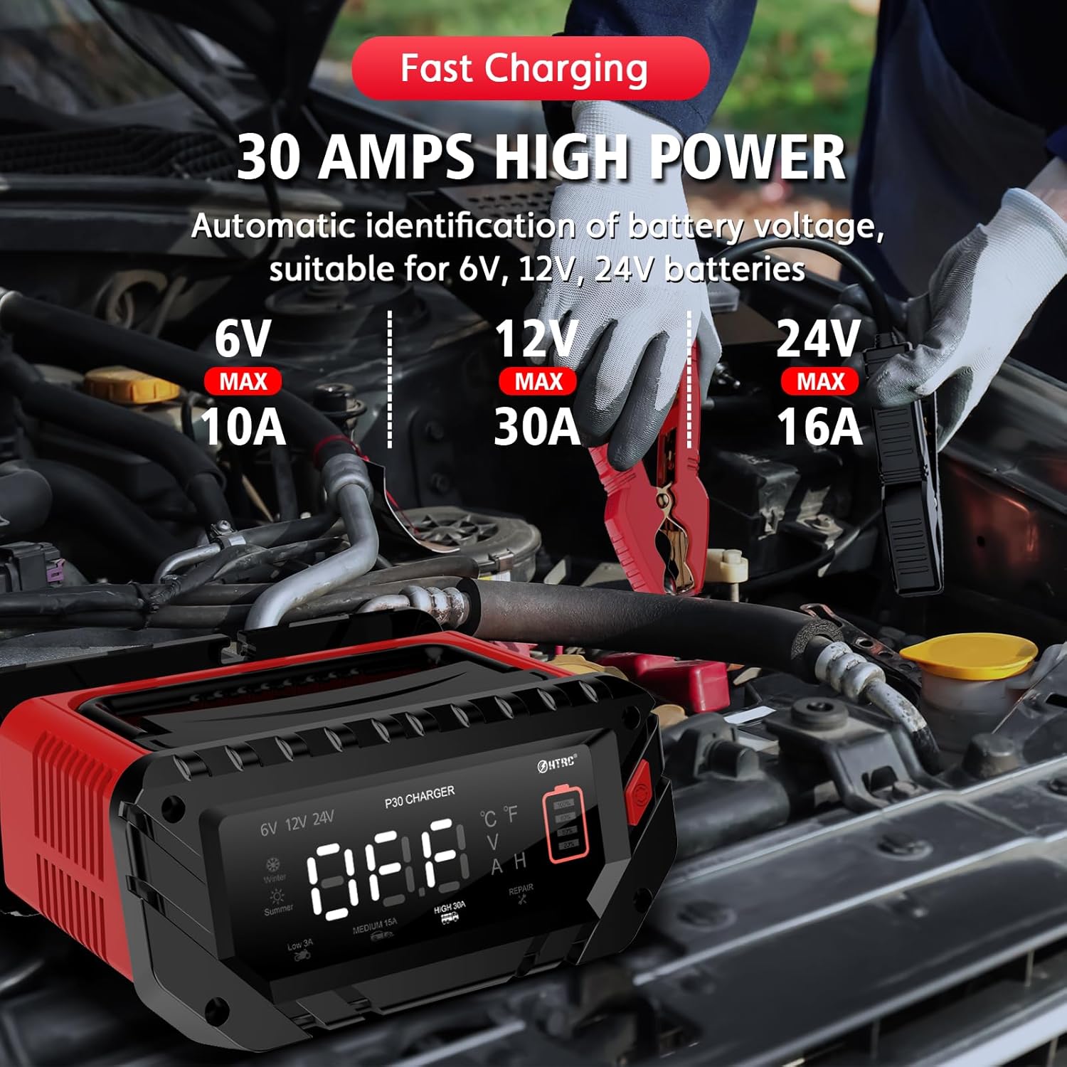 Detalle de HTRC 30A Caricabatterie da Auto 6V/12V/24V con Display LCD per LiFePo4 e Piombo