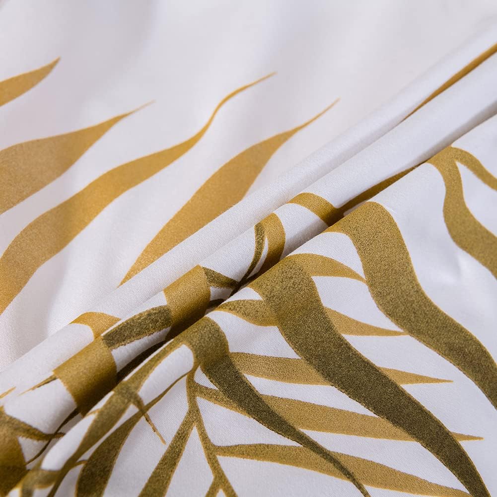 Thumbnail 2 de Michorinee Housse de Couette 200x200 Motif Feuilles de Palmier Tropicales Or et Blanc – Parure de Lit Botanique
