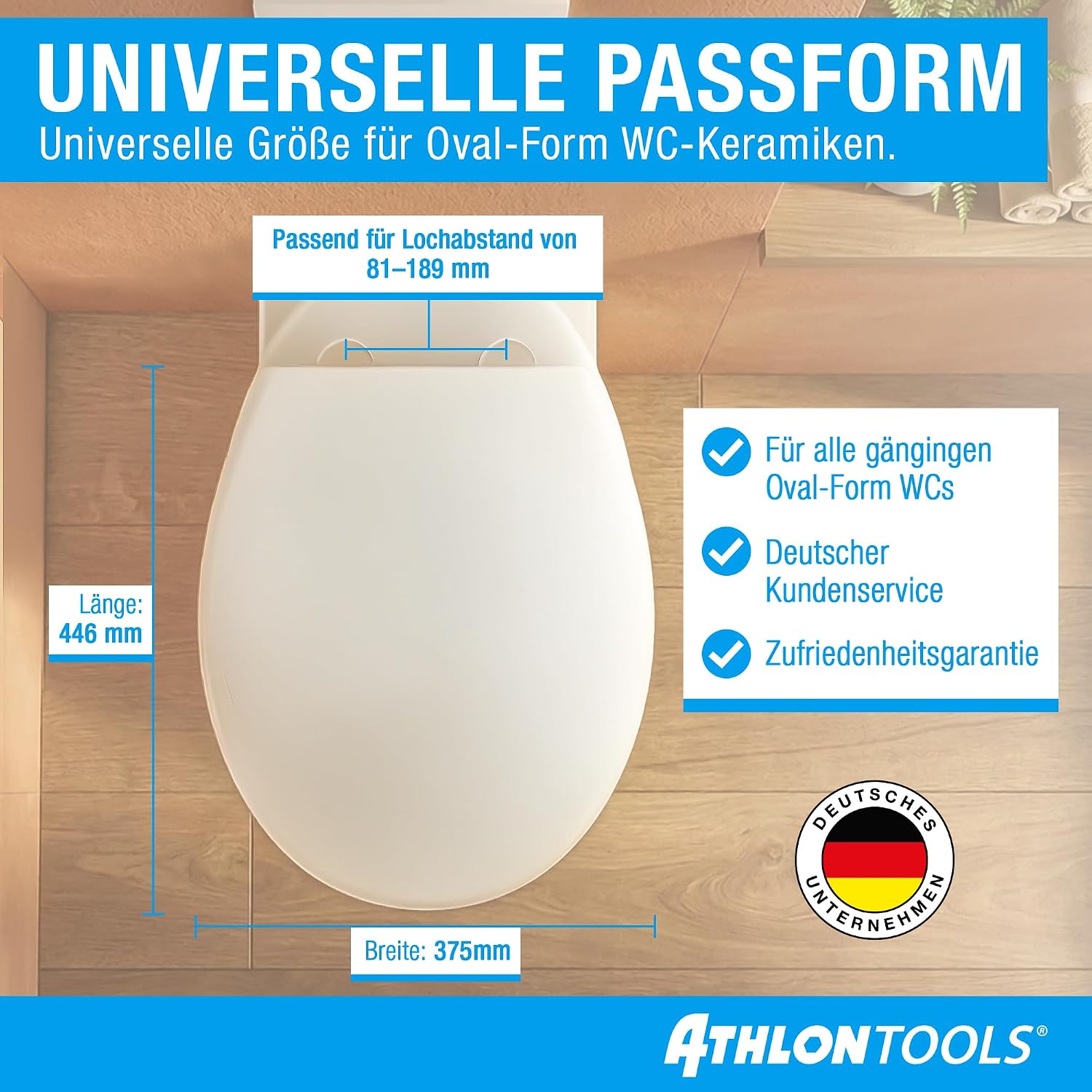 Detalle de ATHLON TOOLS Toilettendeckel mit Absenkautomatik O-Form – Soft-Close, Quick-Release und antibakterieller, kratzfester Klodeckel