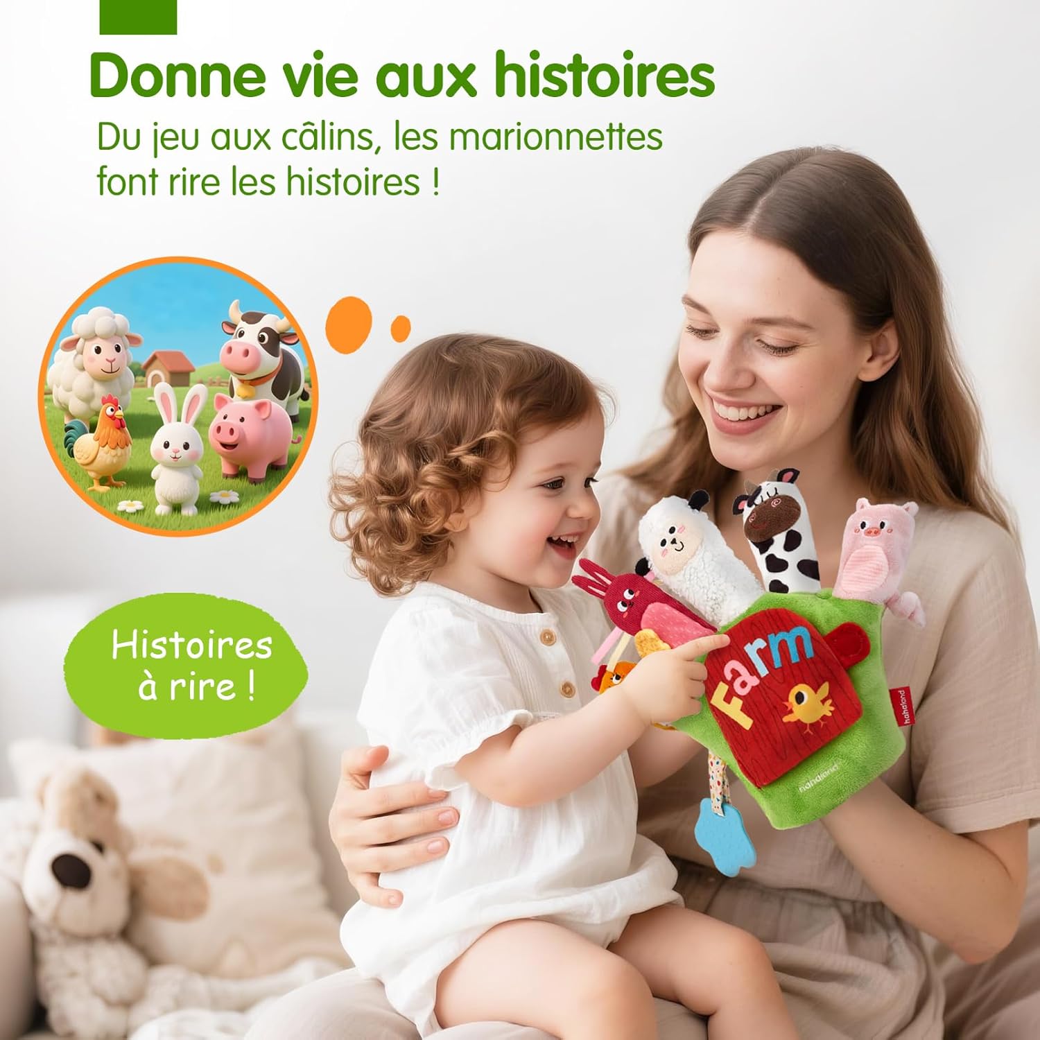 Detalle de hahaland Jouet bébé 6-12 mois : marionnettes d’animaux de la ferme avec anneau de dentition et papier froissé