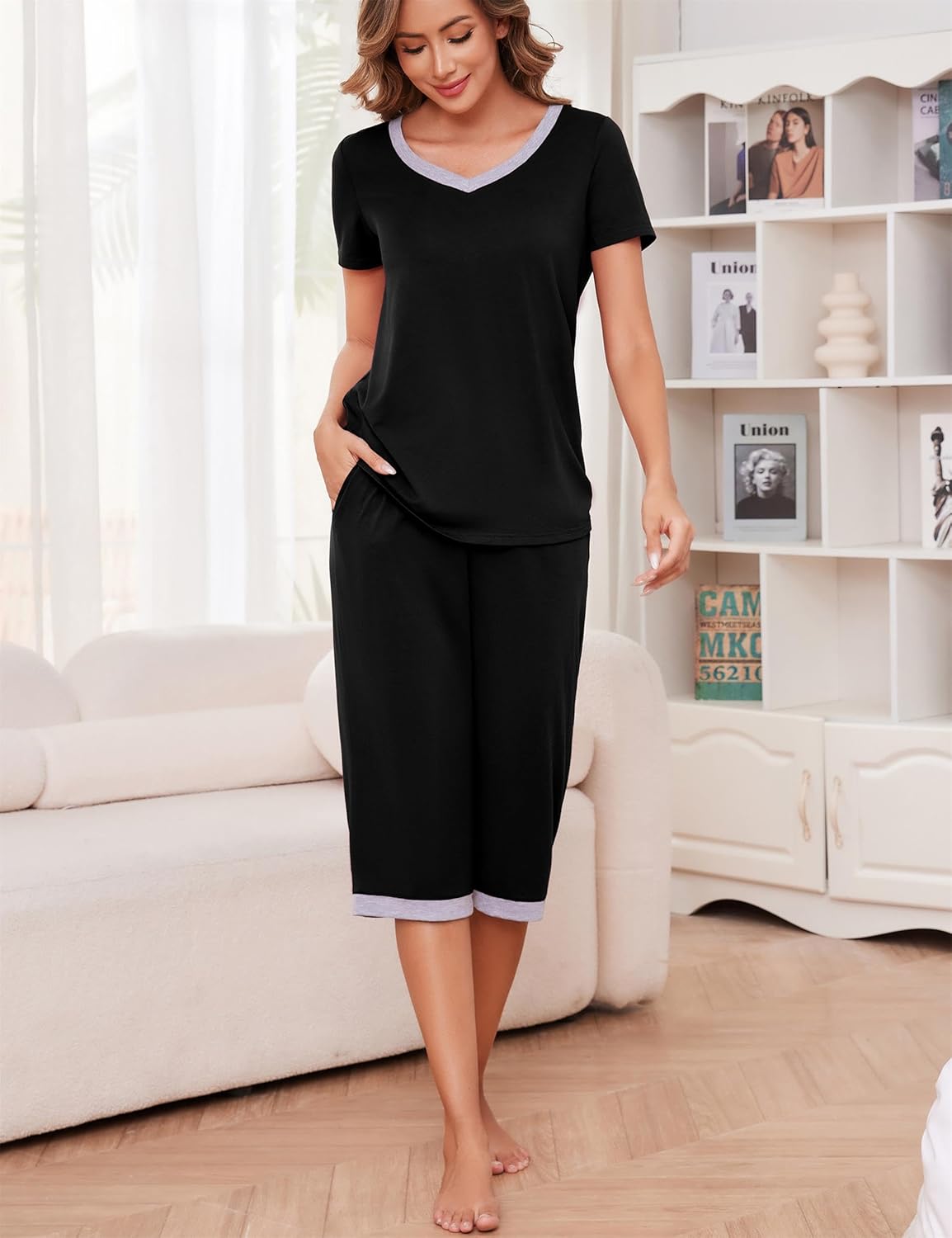 Thumbnail 3 de Actcat Damen-Schlafanzug Set mit V-Ausschnitt: Kurzarm-Top & 3/4 Hose