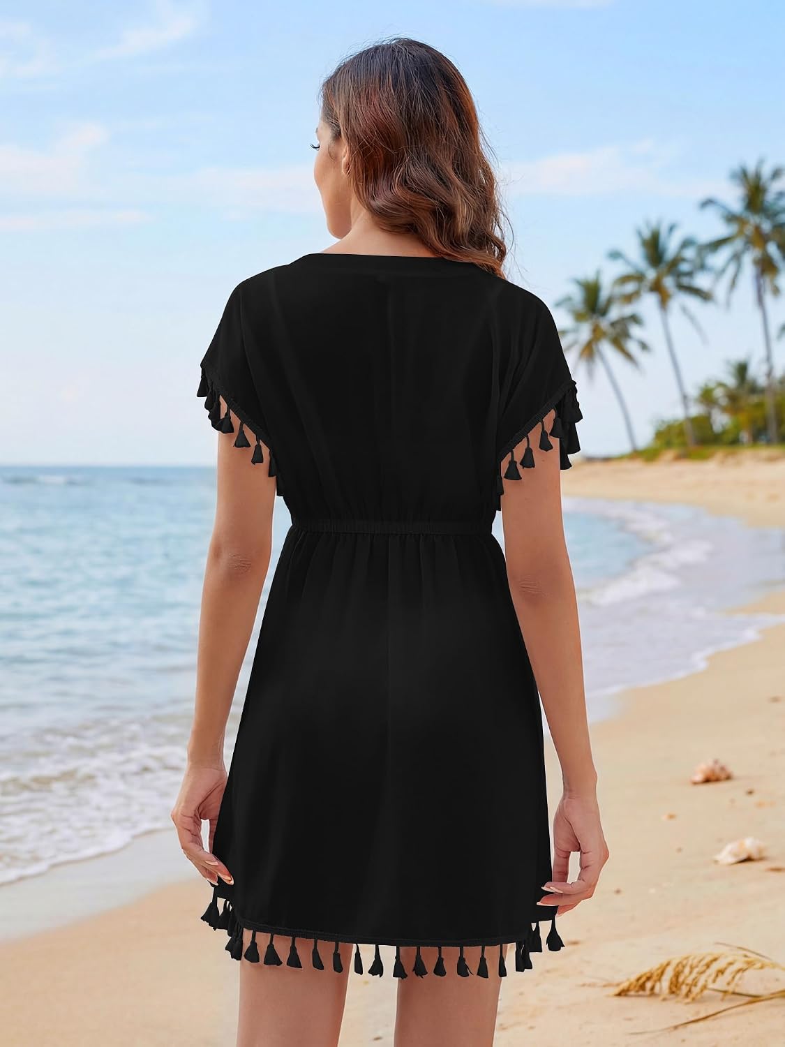 Detalle de StylSense Strandkleid Damen – leichter Bikini Cover Up mit V-Ausschnitt, Boho-Fransen und Taillenband