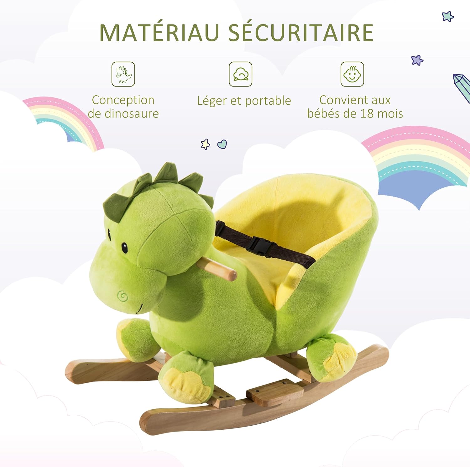 Detalle de HOMCOM 330-013 dinosaurus-hobbelpaard met veiligheidsgordel en 32 liedjes