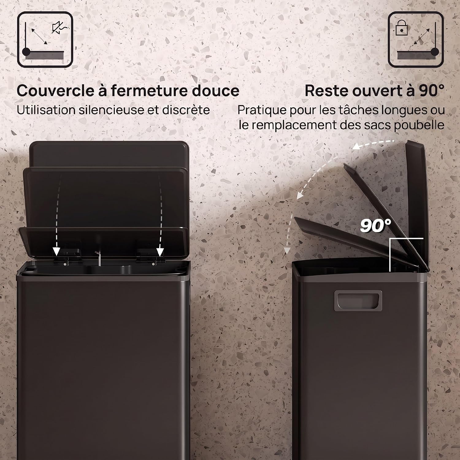 Detalle 2 de HOMCOM 851-058V00BK pedaalemmer 50 l, zwart roestvrij staal met soft-close