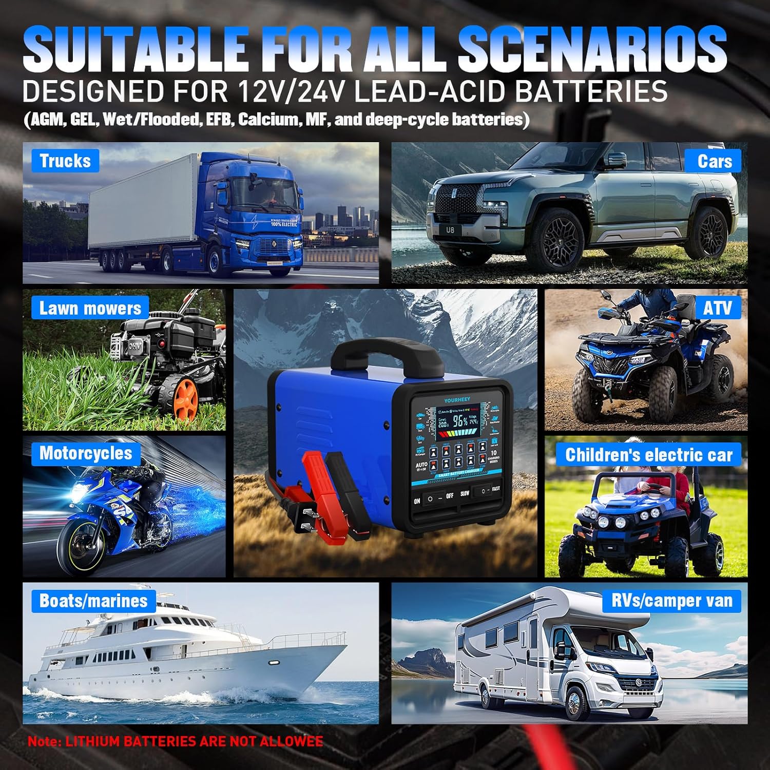 Thumbnail 2 de yourheey 2026 Upgraded 12V/24V 0-20A Heavy Duty Battery Charger/Maintainer with Auto Shutoff, Repair & Winter Mode