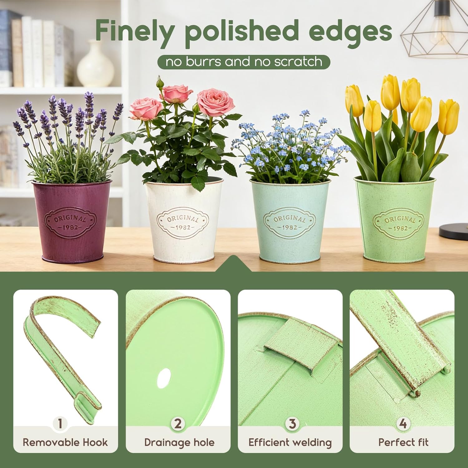Detalle de CITÉTOILE 4er Set Hängender Blumentopf – Vintage-Style, verzinktes Metall, mit abnehmbarem Haken