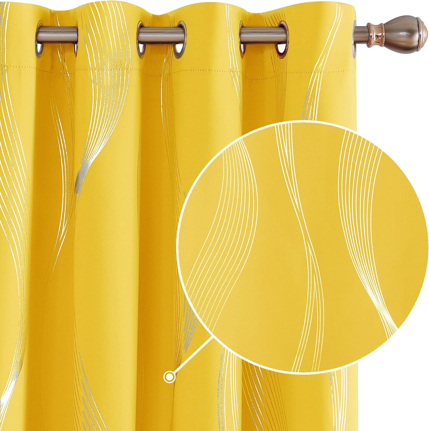 Detalle de Deconovo Silver Wave Line Foil Printed Blackout Curtains – 2 Panels, 66x72 Inch, Mellow Yellow