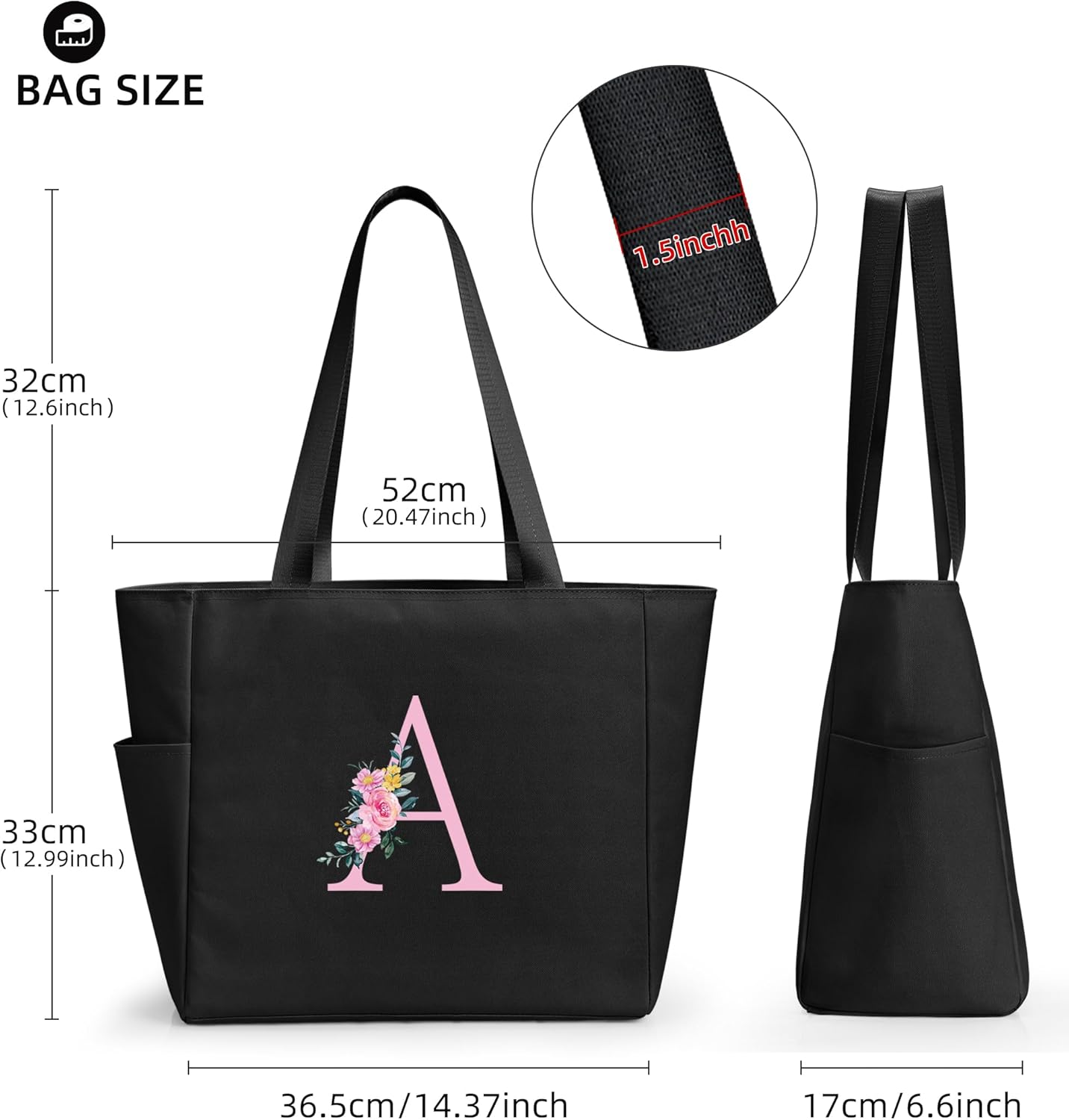 Detalle de KALIDI Personalized Tote Bag with Zipper: A practical A–Z initials carryall for everyday use