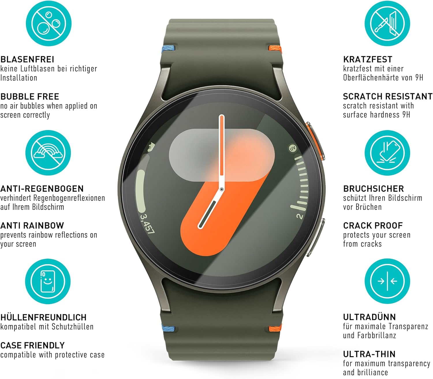 Detalle de SmarTect Glass Screen Protector for Samsung Galaxy Watch 7 40mm, 3-Pack, 9H
