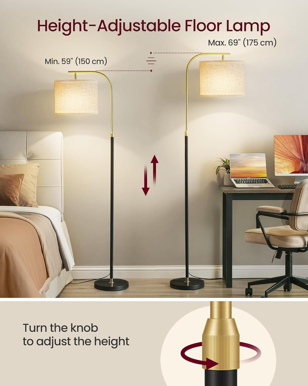 Detalle 2 de VASAGLE Arc Floor Lamp LFL006BD03 – Adjustable 150–175 cm with Fabric Shade and E27 Socket