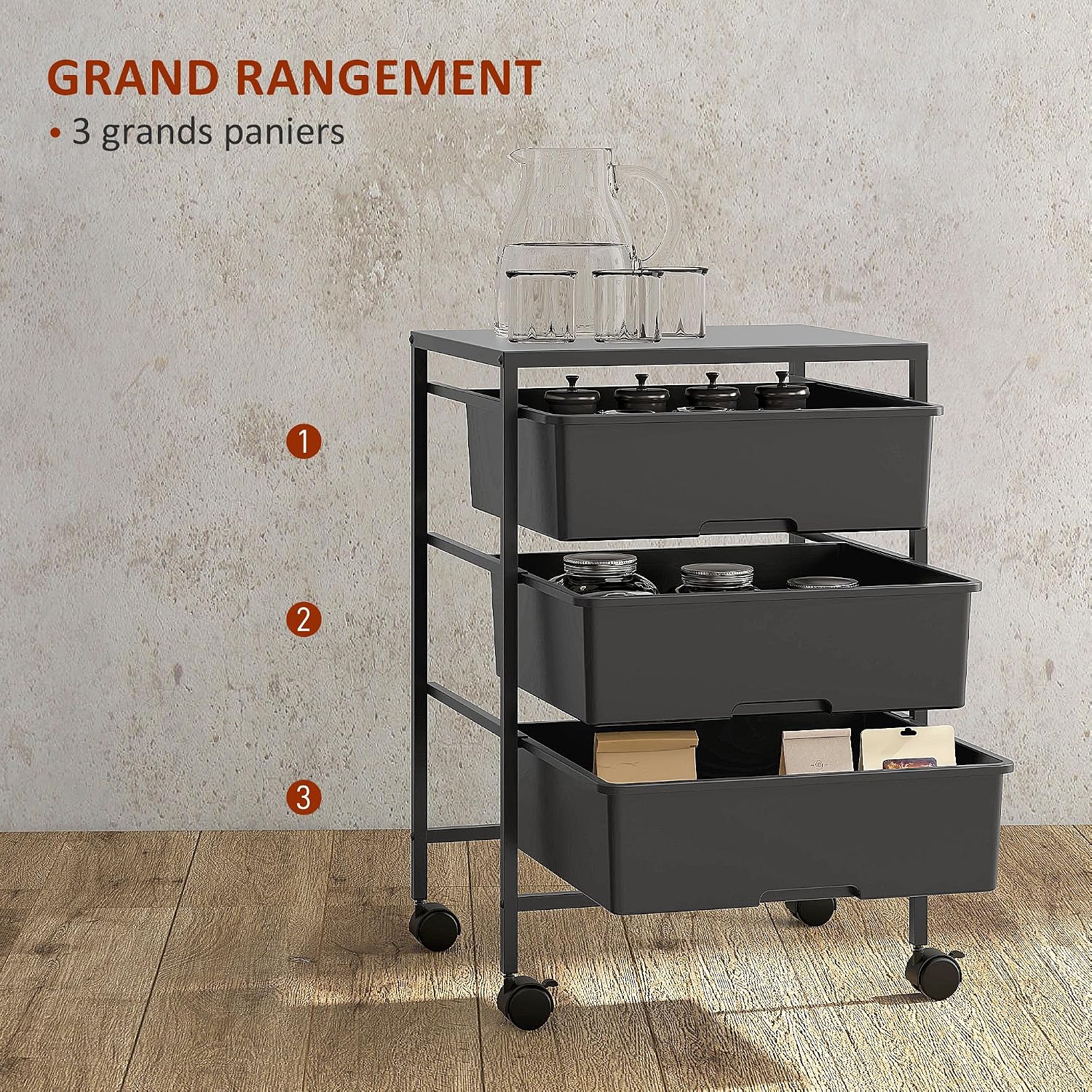 Detalle de HOMCOM 850-289V00BK opbergwagen met 3 manden, stalen frame en wielen
