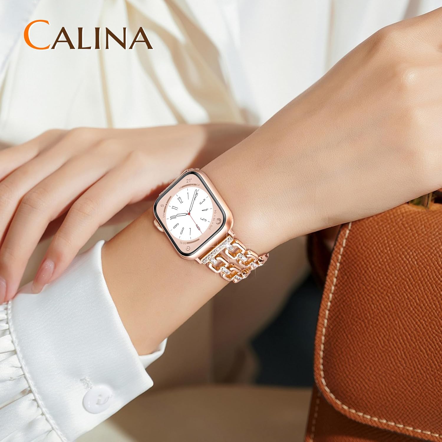Detalle de Calina Metal Strap for Apple Watch — Luxury Diamond Accent, 5.3–7.5in Wrist Range, 38–49mm/Series Compatible