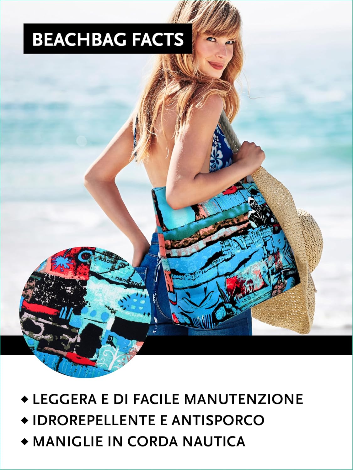 Detalle de DonDon Grande borsa da spiaggia idrorepellente con cerniera e tracolla (shopper XXL)