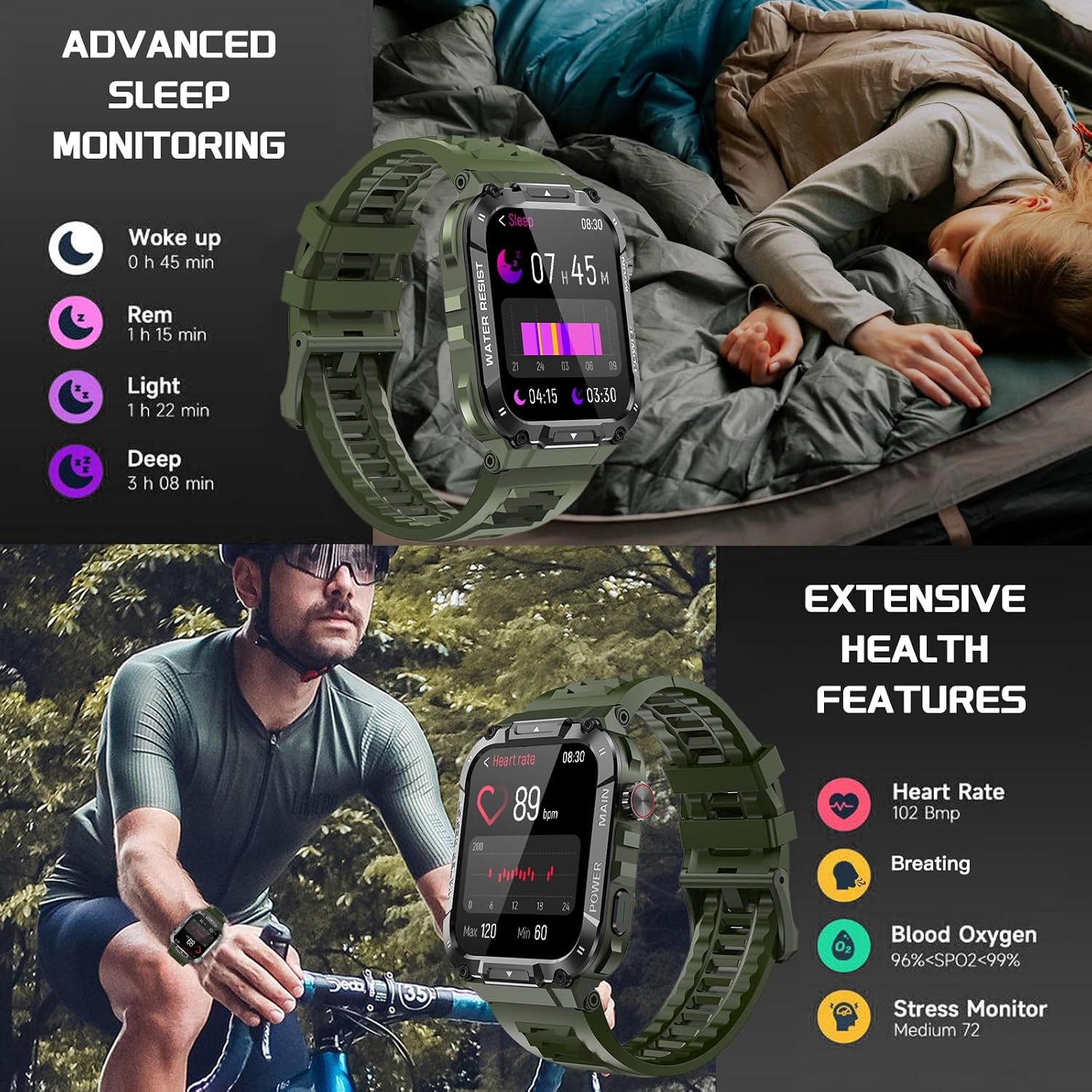 Detalle 2 de Military Smart Watch for Men (1.96-inch) in Military Green with Call, Fitness, Blood Oxygen & Sleep