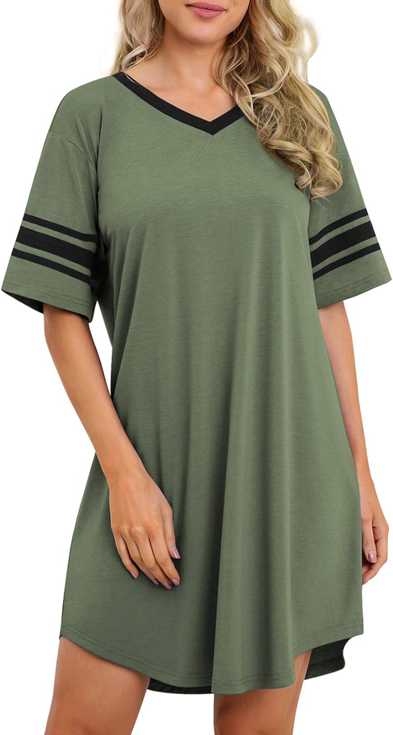 Detalle de Actcat Damen Nachthemd Sexy Schlafshirt mit V-Ausschnitt – weiches Baumwollmischgewebe, Kurzarm, knie-lang