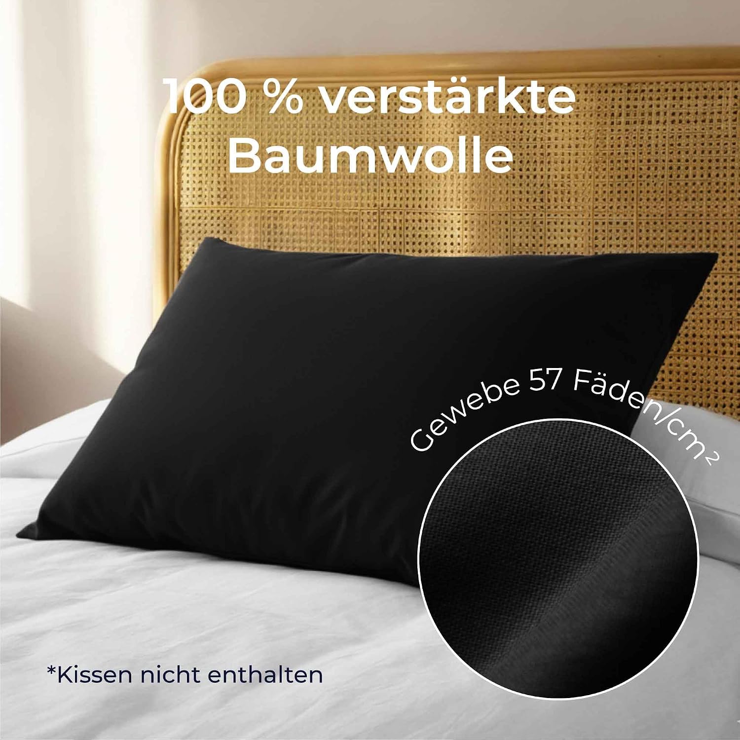 Detalle de Dreamzie Kissenbezug 40 x 80 Renforcé Baumwolle (2er-Set) – Schwarz, dicht gewebt mit 57 Fäden/cm²