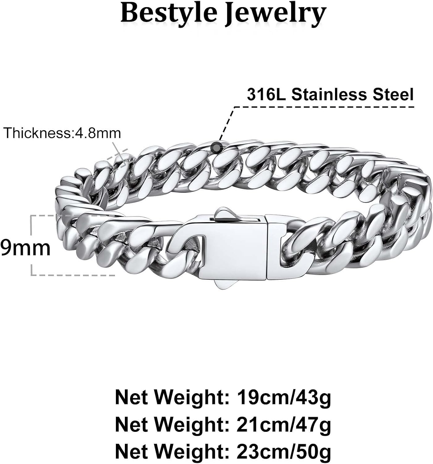 Detalle de Bestyle Armband Herren Edelstahl Panzerkette – 5/7/9/12,5 mm Breite, 19/21/23 cm Länge, Silber/Schwarz/Gold