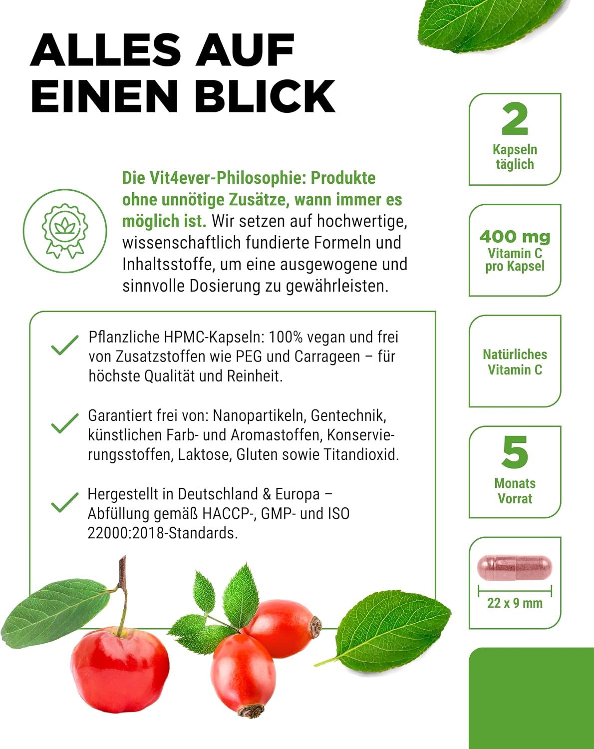 Detalle de vit4ever Natürlicher Vitamin C Komplex mit Acerola- & Hagebutten-Extrakt – 300 Kapseln (5 Monatsvorrat)
