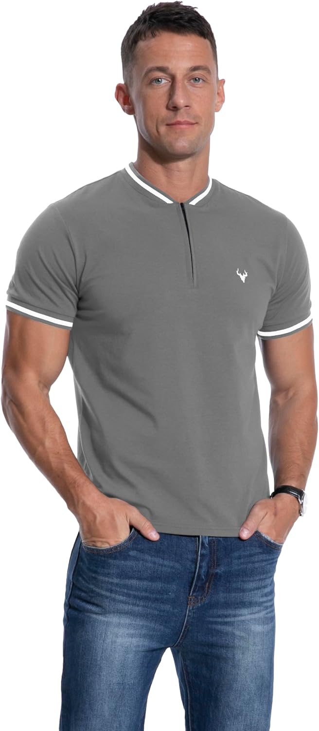 Detalle de KUYIGO Mens Zip Henley T-Shirt Deer Head Embroidery – Regular Slim Fit