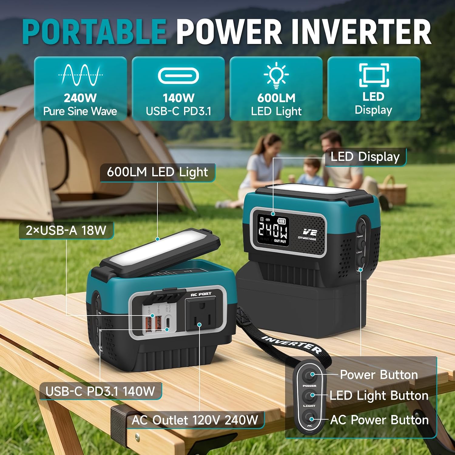 Detalle 2 de Kzreect 240W純正正弦波インバーター マキタ18V対応、140W USB-C PD3.1・120V AC・600LMライト搭載