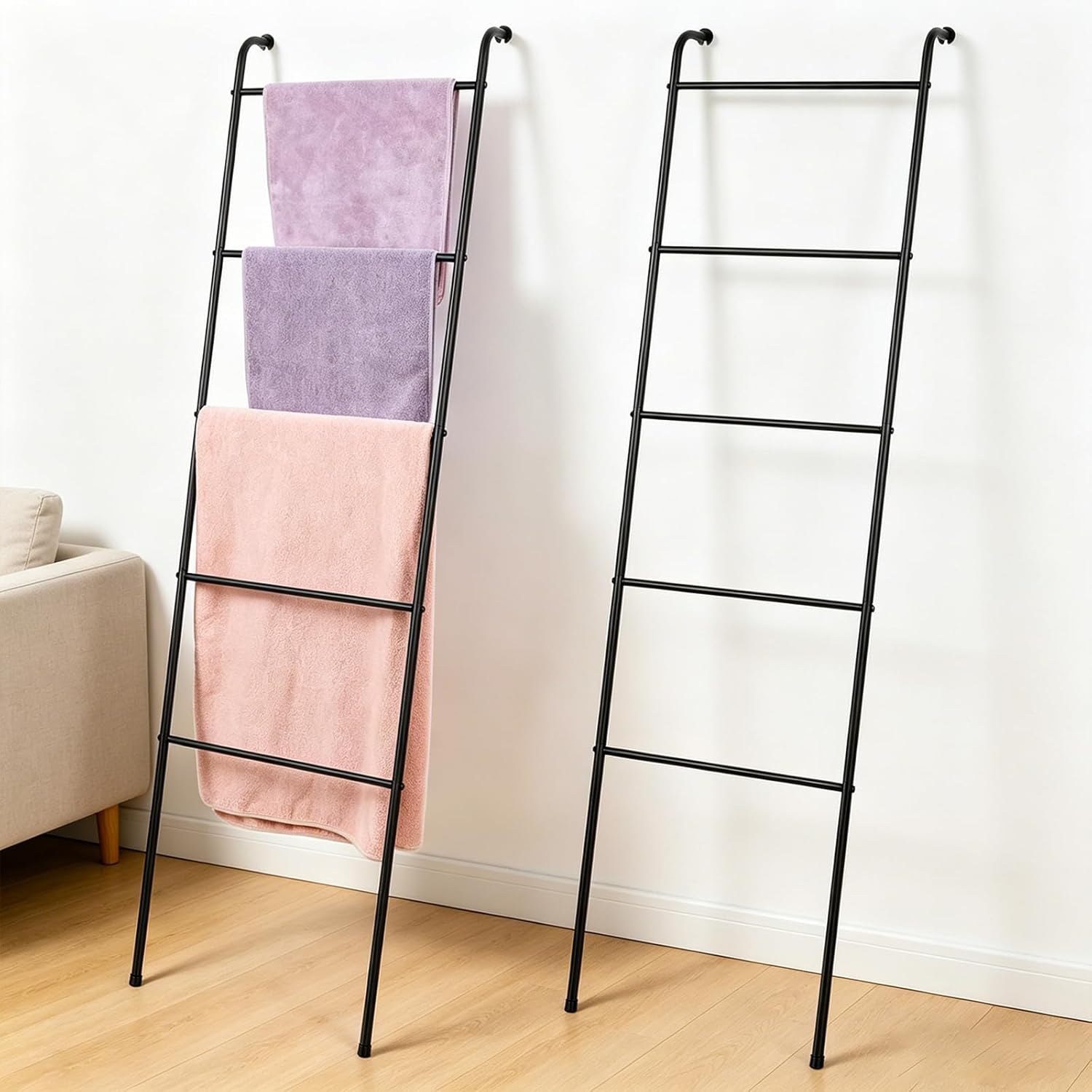Detalle de OYEAL 5-Tier Blanket Ladder Towel Rack, Black Steel, Set of 2