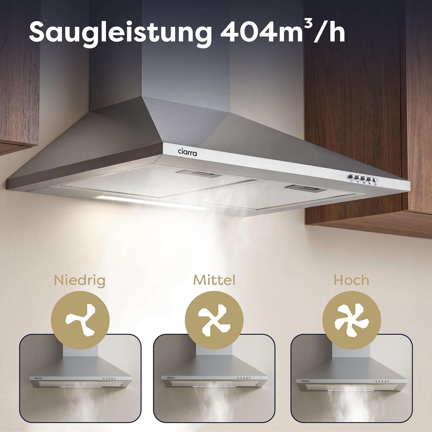 Detalle de CIARRA CBCS6201 A++ Dunstabzugshaube 60 cm – Pyramide aus Edelstahl, Umluft & Abluft