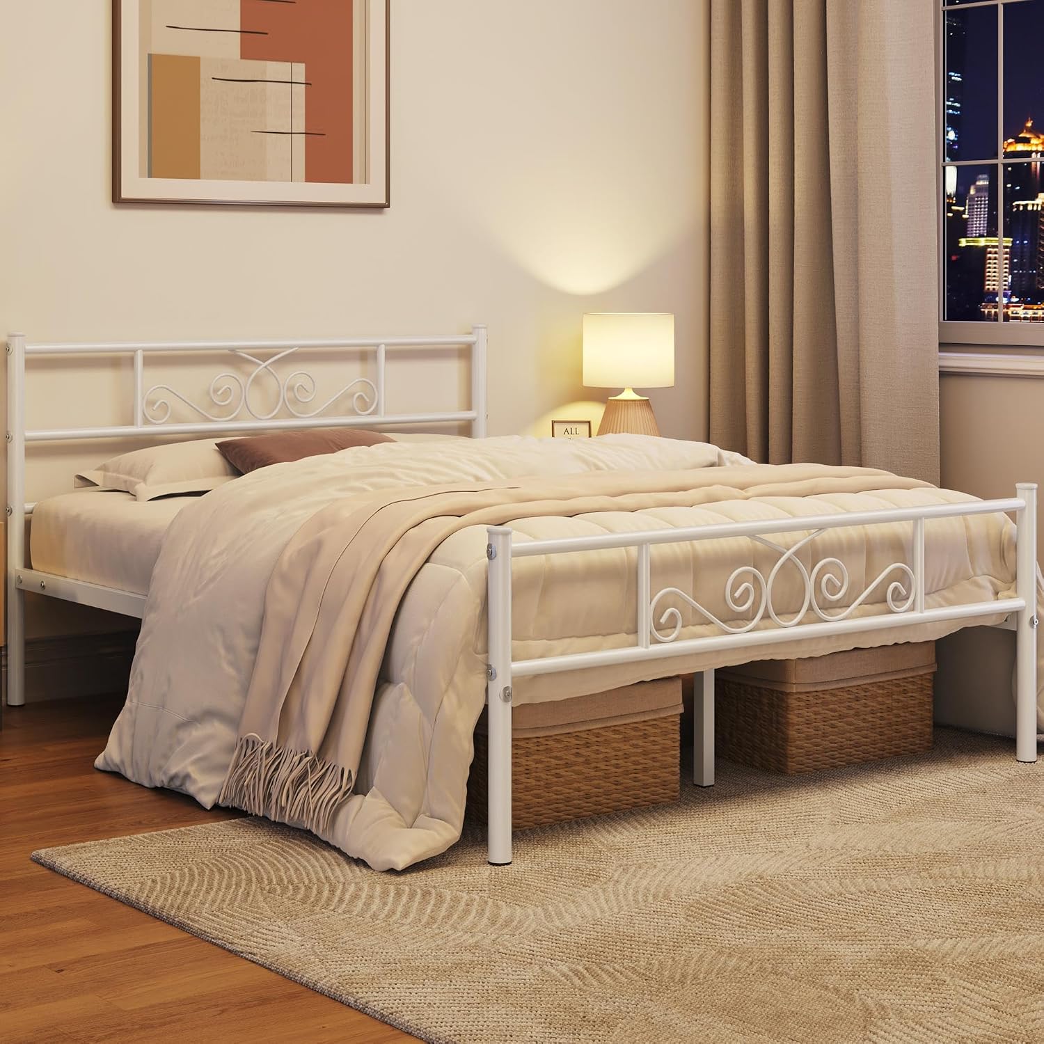 Detalle de Yaheetech YT-00110348-V01 Queen Metal Bed Frame, White Scrollwork