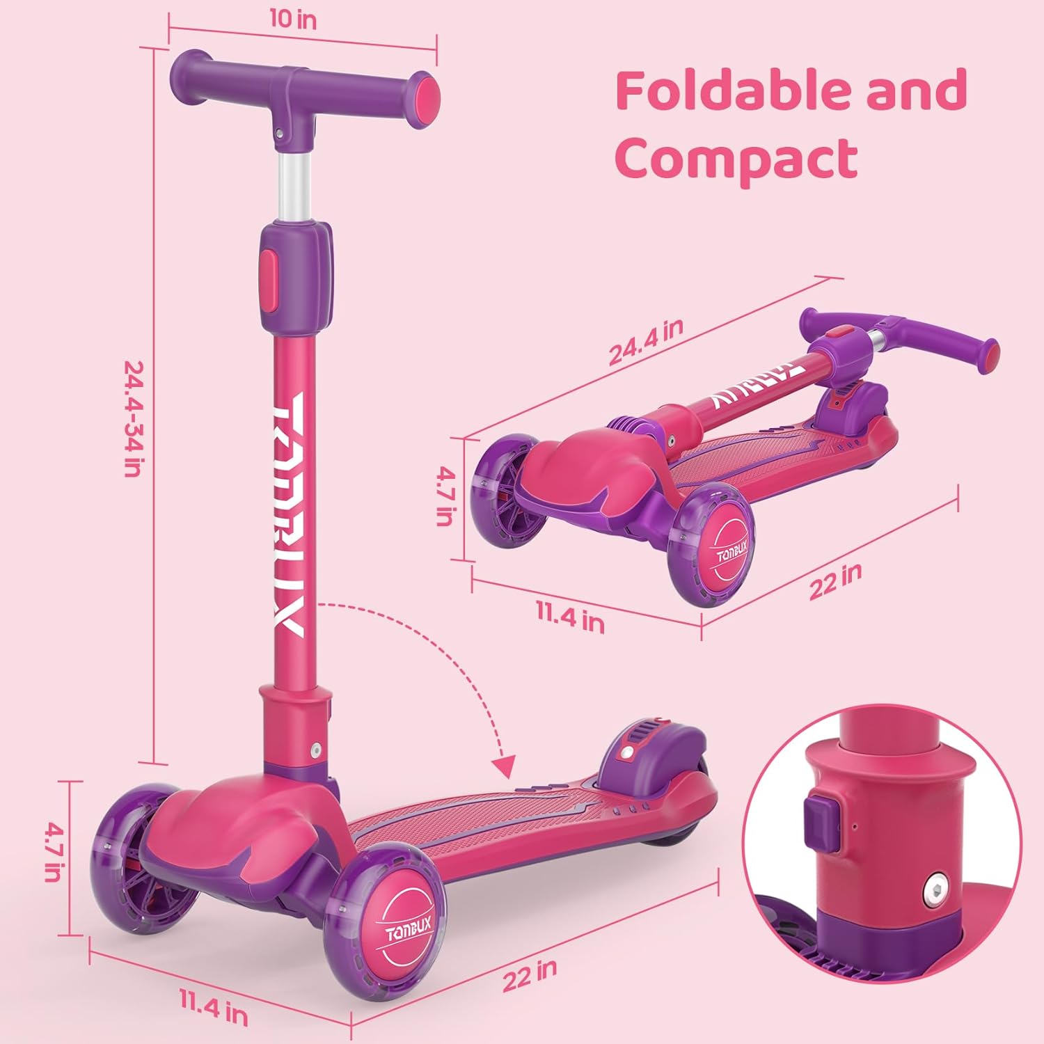Thumbnail 6 de TONBUX Kids Scooter (3-Wheel, Light-Up Wheels) — Folding, Adjustable Height Lean-to-Steer for Ages 3–12
