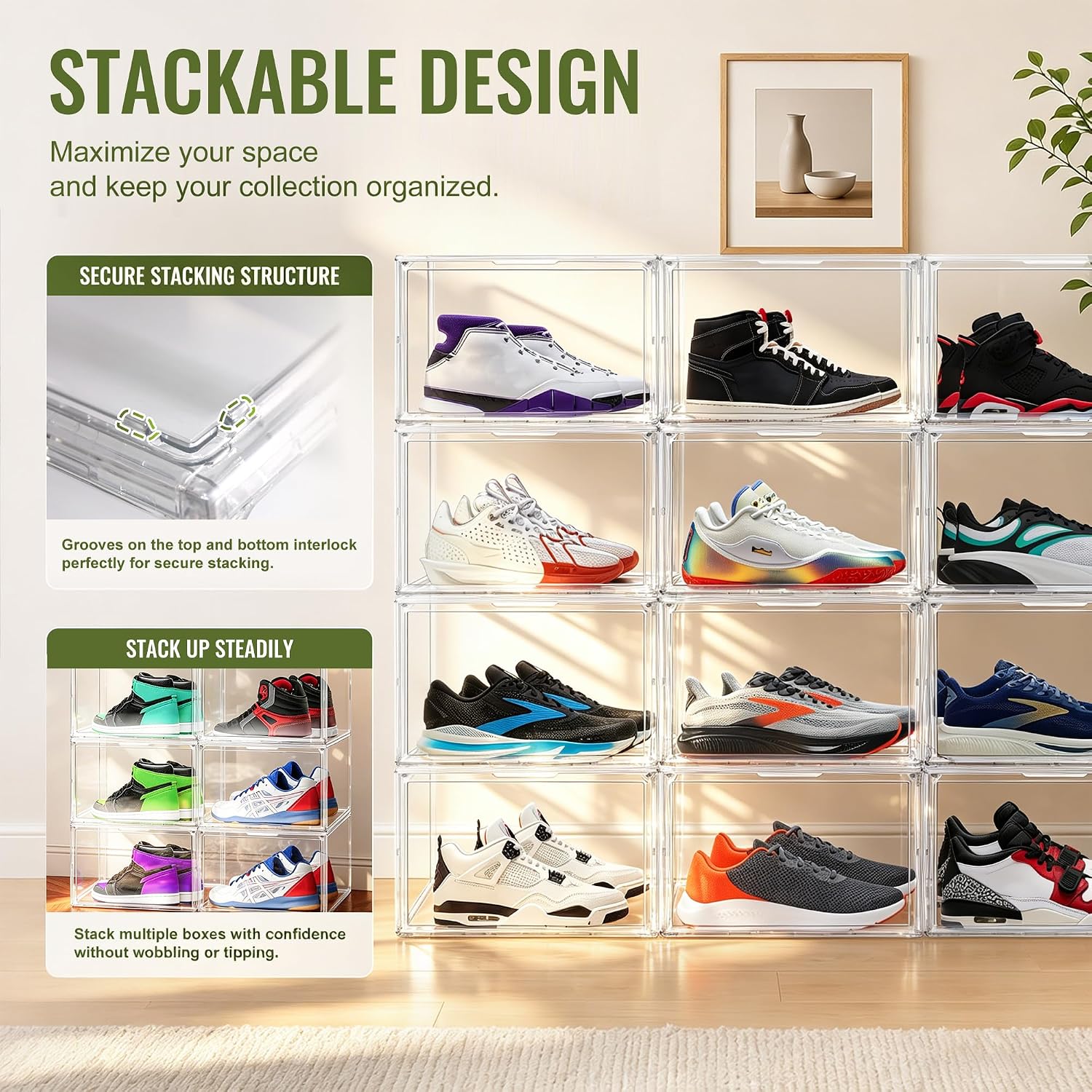 Detalle 2 de EZJOB Clear PET Shoe Storage Box, Stackable with Magnetic Closure, 14.1 x 10.6 x 8.9 in