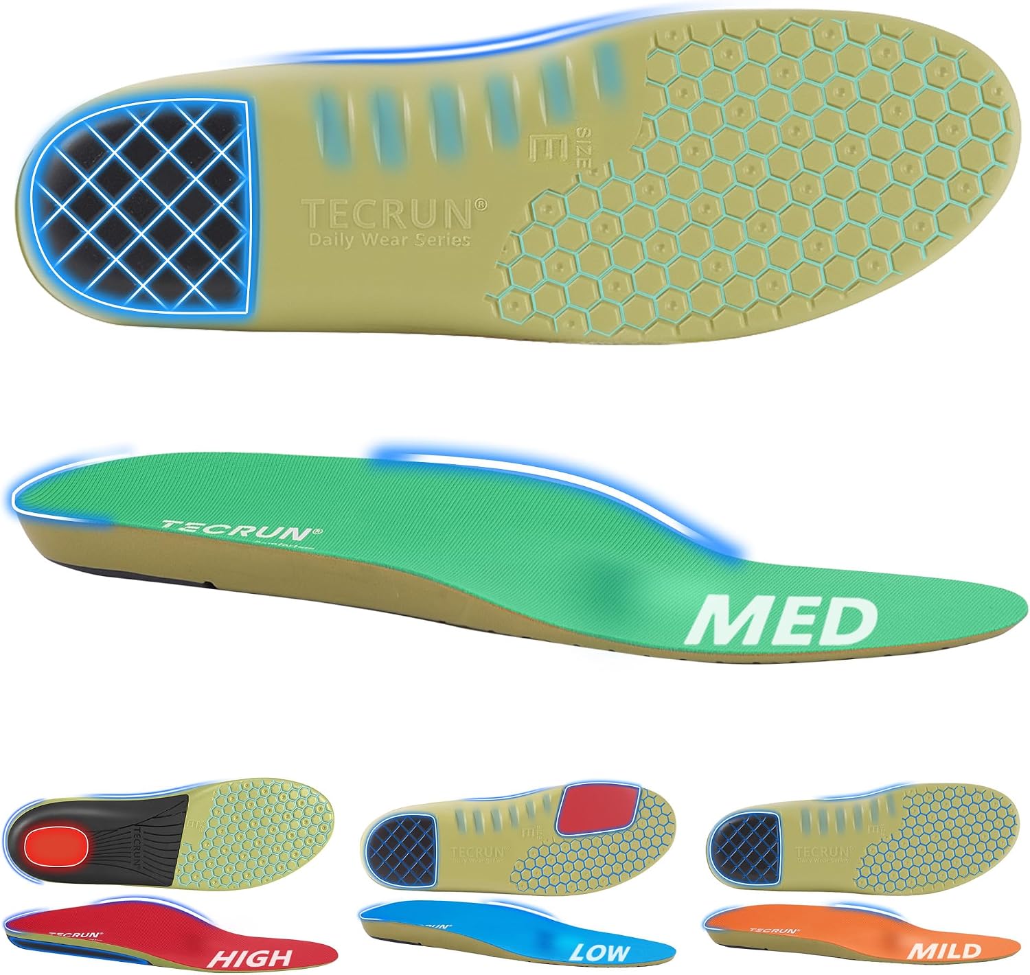 Detalle de TECRUN Plantar Fasciitis Insoles, 4 Arch Heights, Honeycomb Cushioning