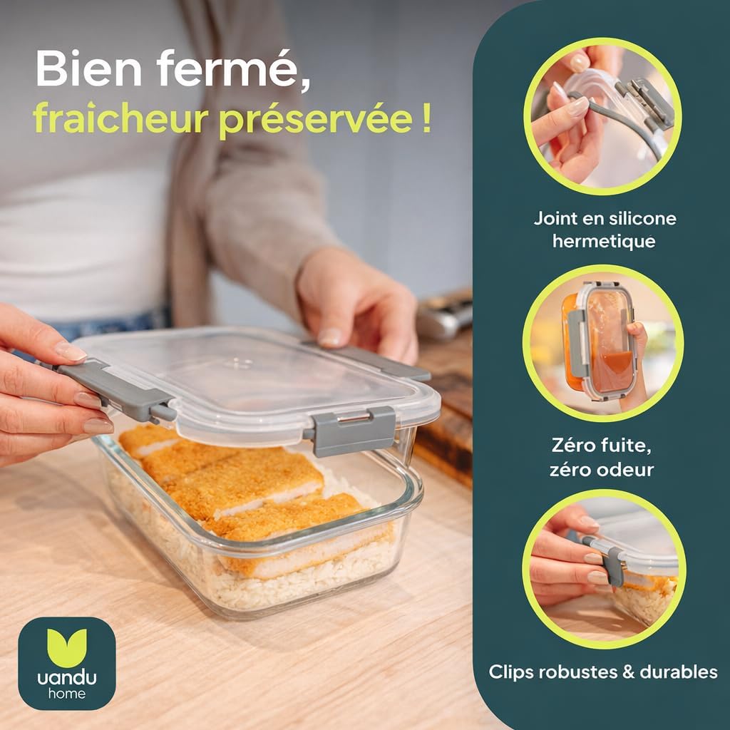 Detalle de Uandu Lot de 10 Boîtes Alimentaires en Verre Borosilicate – 370 ml et 1040 ml, hermétiques et sans BPA