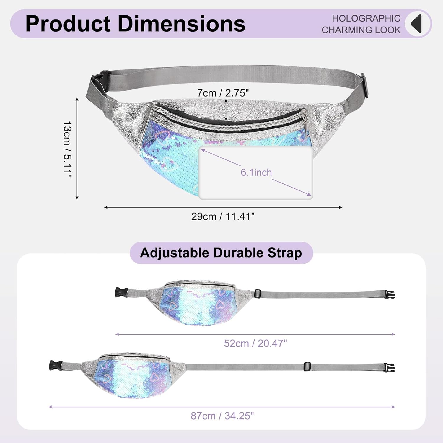 Detalle 2 de DTGN Sequined Fanny Pack for Women: Shiny Green Heart, Adjustable Belt, Water Resistant Waist Bag