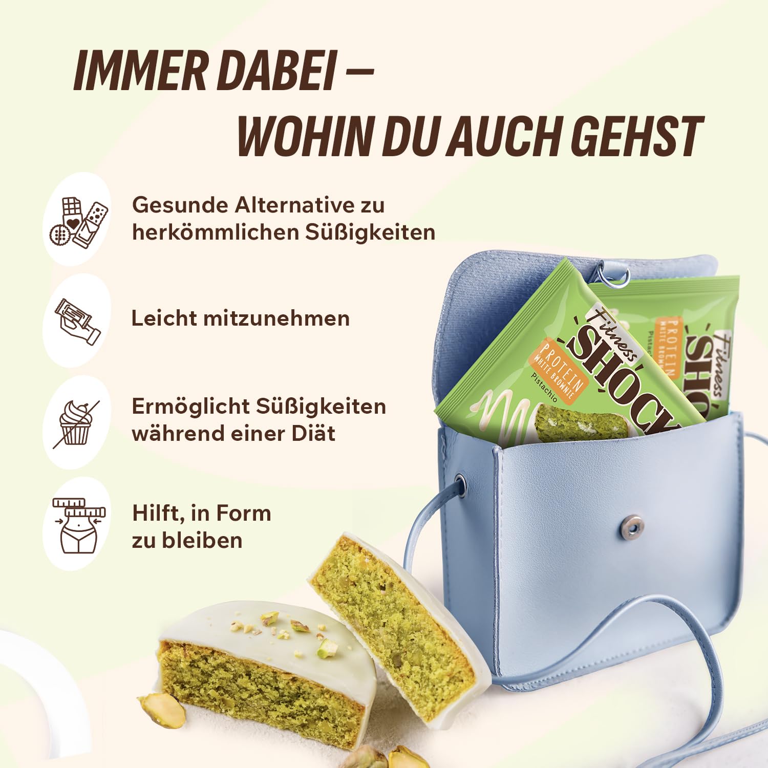 Detalle de FitnesSHOCK Protein Brownie Snack (Pistazien) – ohne Zuckerzusatz, low carb, 15% Eiweiß, 10 x 50 g