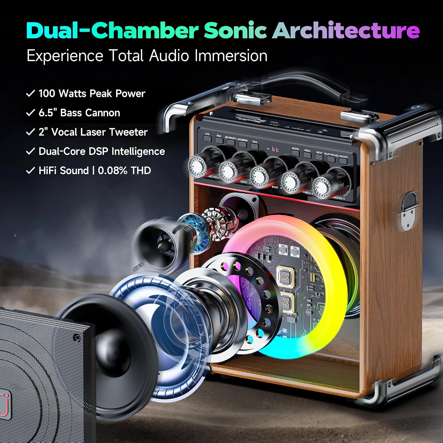 Detalle de TX05 Karaoke Machine for Adults with 2 Wireless Microphones – Portable 100W Bluetooth PA System