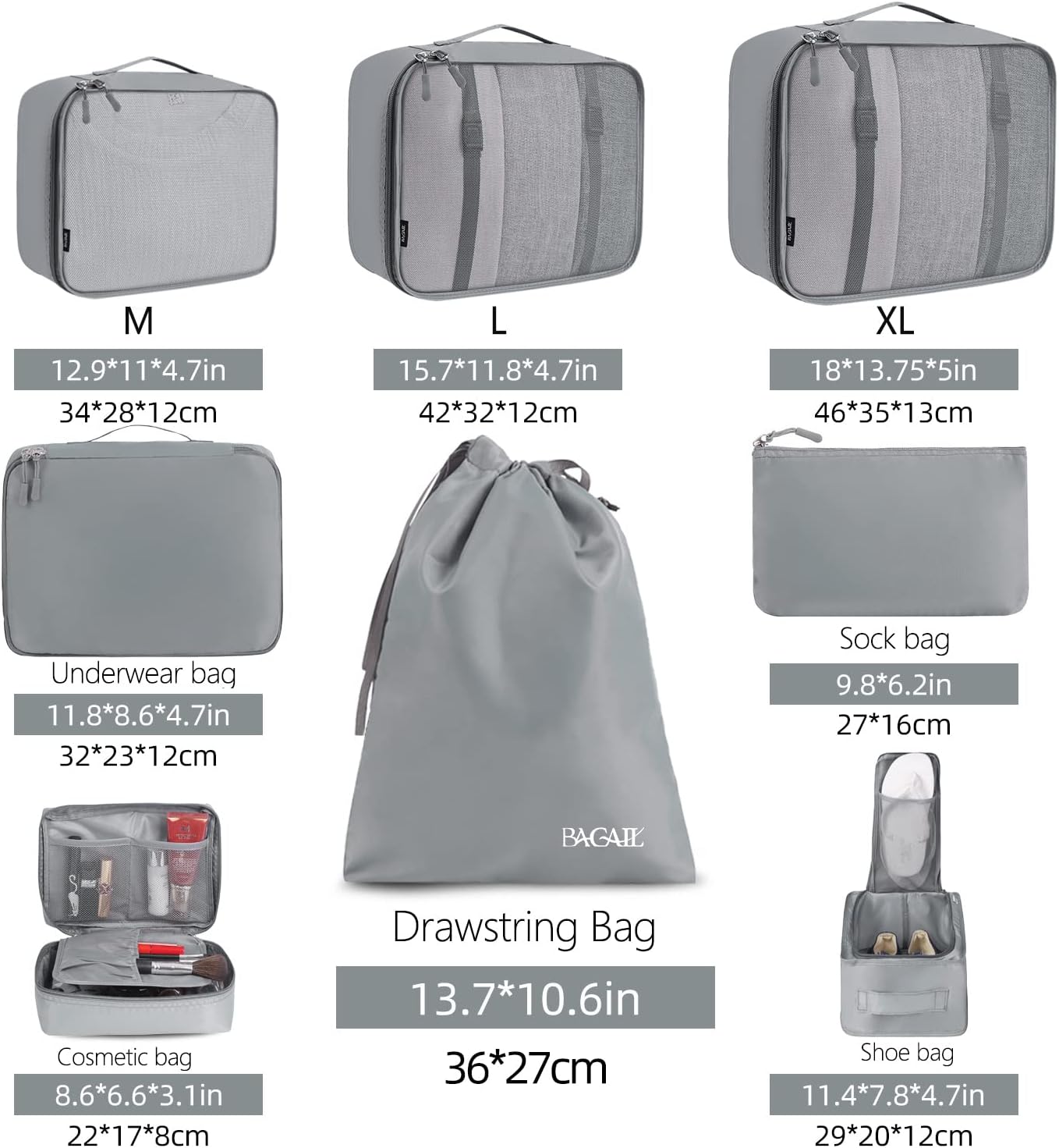 Detalle 2 de BAGAIL Packwürfel Set 8-teilig für Reisen