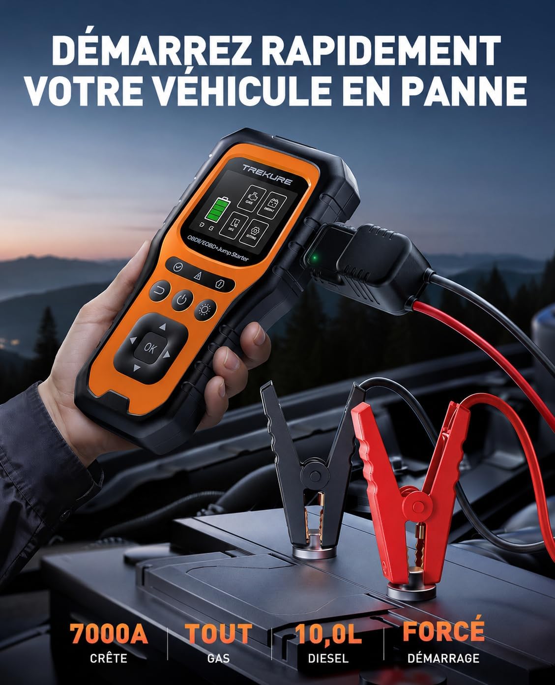 Detalle de Booster Batterie Voiture avec OBD2 Diagnostic TK40 — Démarreur 7000A et Diagnostic OBD2