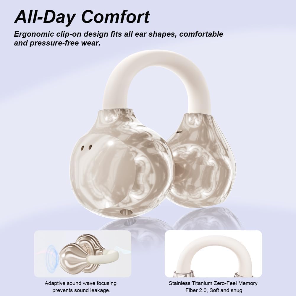 Thumbnail 2 de Caijin Clip-on Open-Ear Bluetooth-Kopfhörer (Wireless, Bluetooth 6.0) mit Clip-Design und bis zu 60 Stunden Akkulaufzeit – Wollweiß