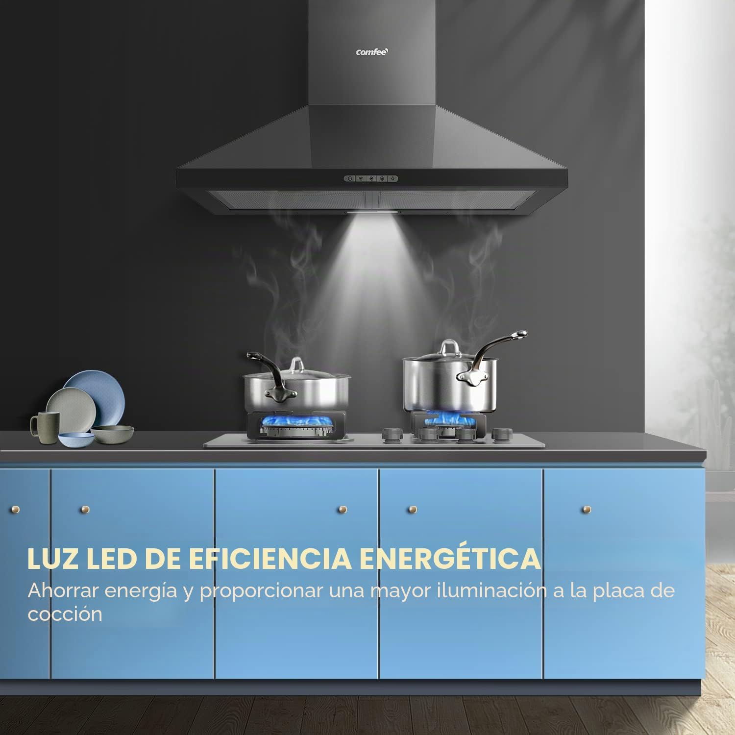 Detalle de Comfee' PYRA17B-60 campana extractora negra de 60 cm con LED y 400 m³/h