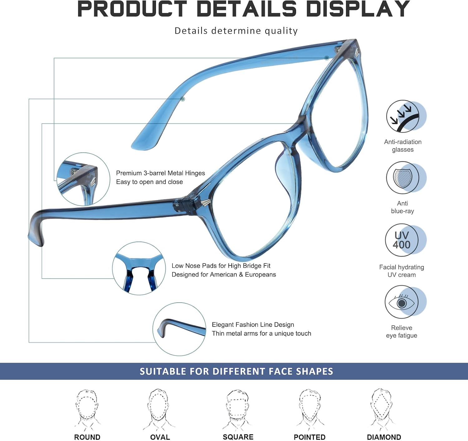 Detalle de Jectieey Reading Glasses with Polycarbonate Lenses