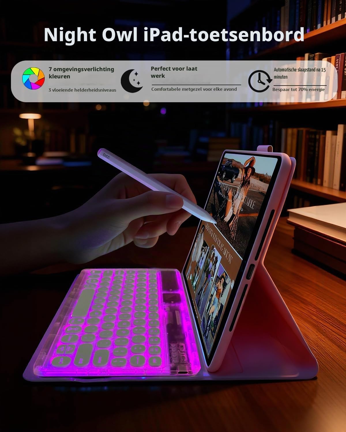 Detalle 2 de Sazfli toetsenbordhoes voor iPad 10,2 inch met afneembaar toetsenbord en verlichting
