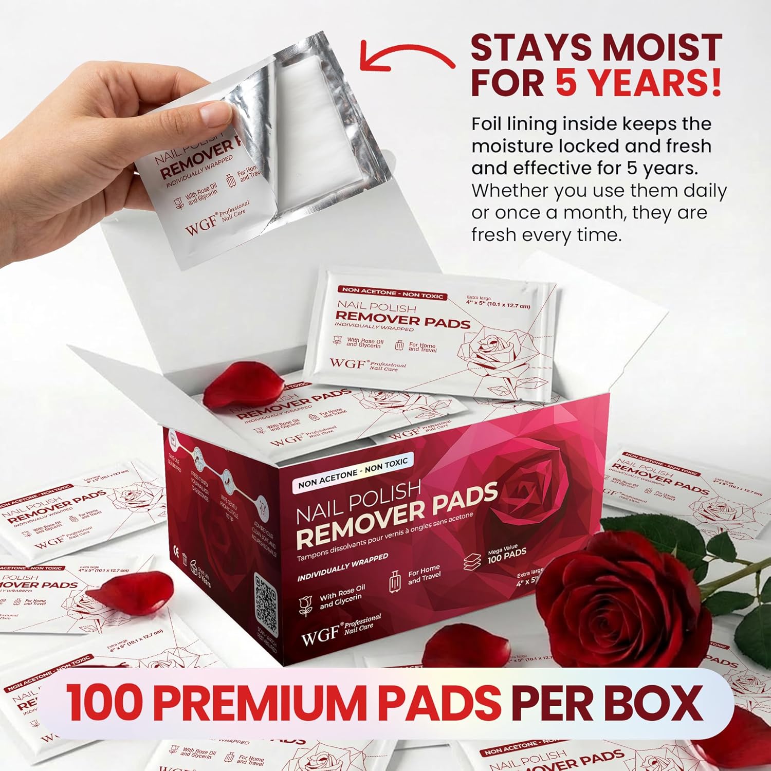 Detalle 2 de Nail Polish Remover Pads (Non-Acetone, Rose Oil) 100-Pack Bulk Set, Individually Wrapped Wipes