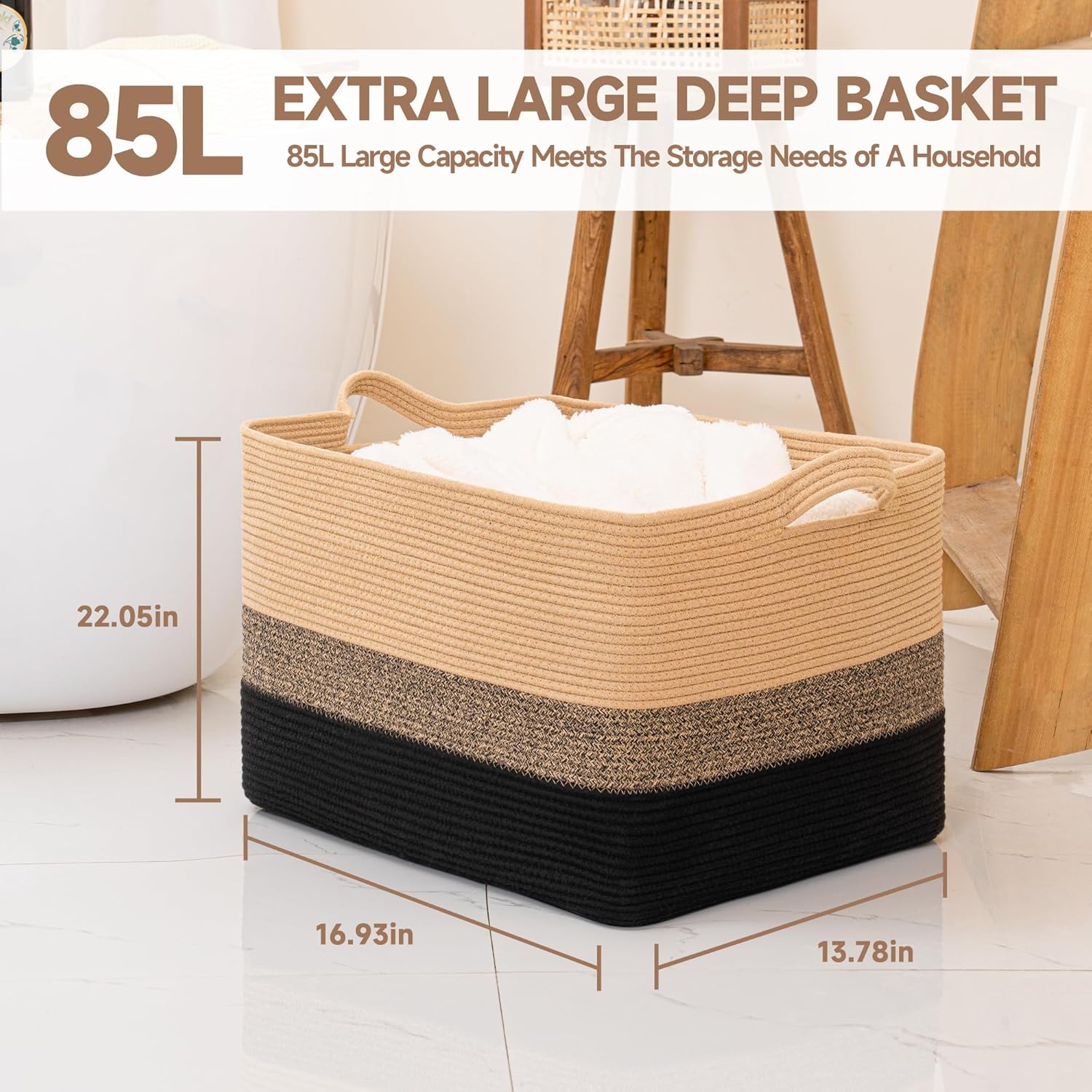 Thumbnail 4 de CLHMILY&Z Stylish Square Cotton Rope Storage Basket (Black & Camel, 85L)